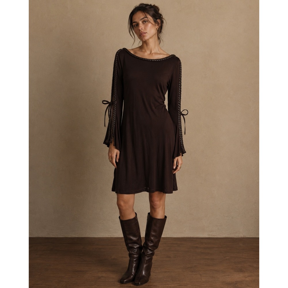 Union of Angels Dress Womens S Brown Braided Faux Leather Trim Mini Boho Indie